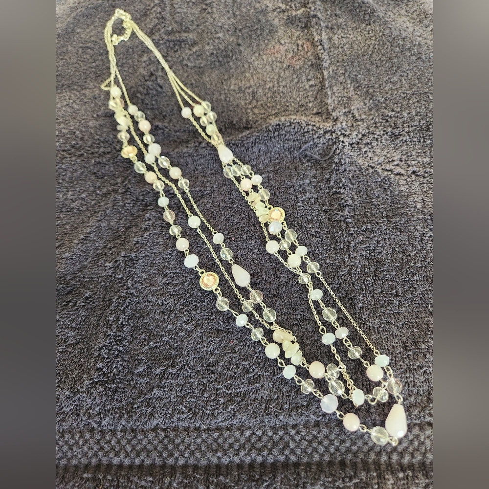 Triple Strand Necklace W/ Clear, Pink  and Crystal Beads.